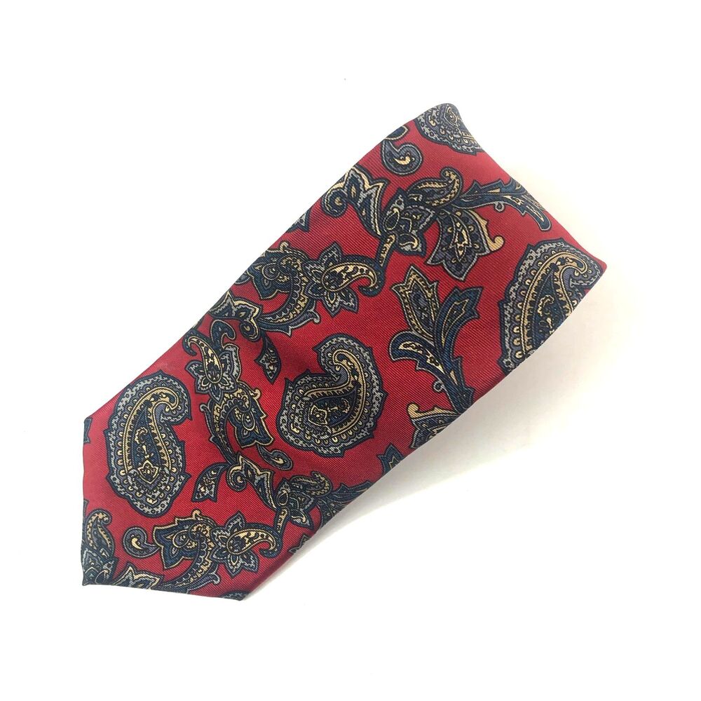 Hardy Amies London Silk Tie Red Paisley Gold Navy Classic Designer Vintage